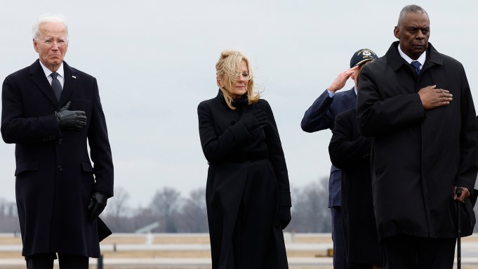 President Joe Biden, first lady Jill Biden, Secretary of Defense Lloyd Austin, Chairman of the Joint Chiefs of Staff Air Force Gen. Charles Q. Brown, USMC Sgt. Maj. Troy E. Black and lawmakers pay their respects Friday in Dover, DE