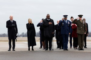  President Joe Biden, first lady Jill Biden, Secretary of Defense Lloyd Austin, Chairman of the Joint Chiefs of Staff Air Force Gen. Charles Q. Brown, USMC Sgt. Maj. Troy E. Black and lawmakers pay their respects Friday in Dover, DE