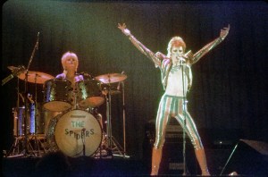 David Bowie performs onstage during his "Ziggy Stardust" era in 1973 in Los Angeles.